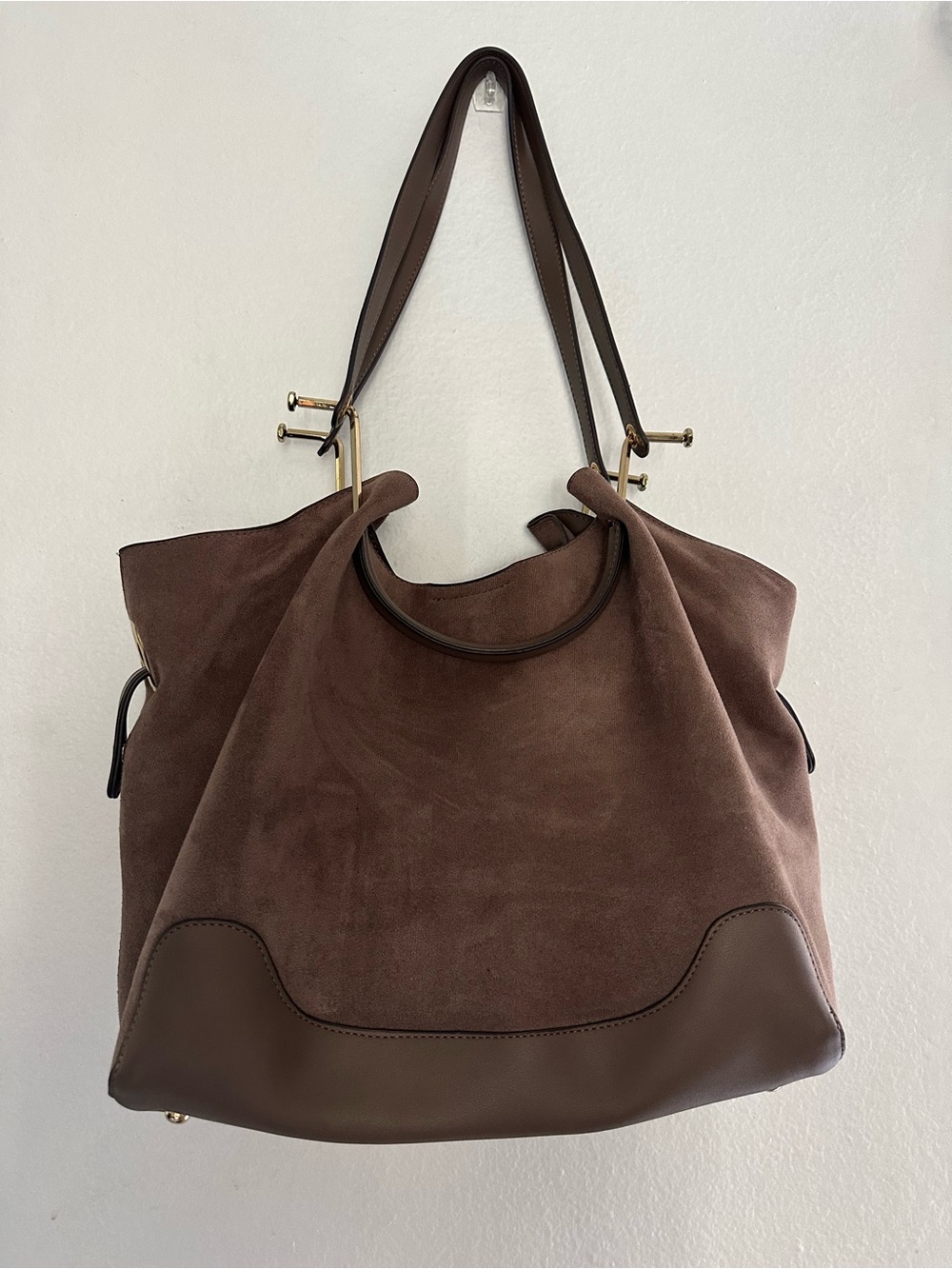 Sondra Roberts Squared Vegan Brown Suede Slouchy Tote Bag with Matching Pouch